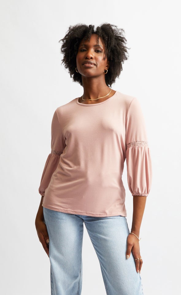 Jersey Lace Trim Top Blush