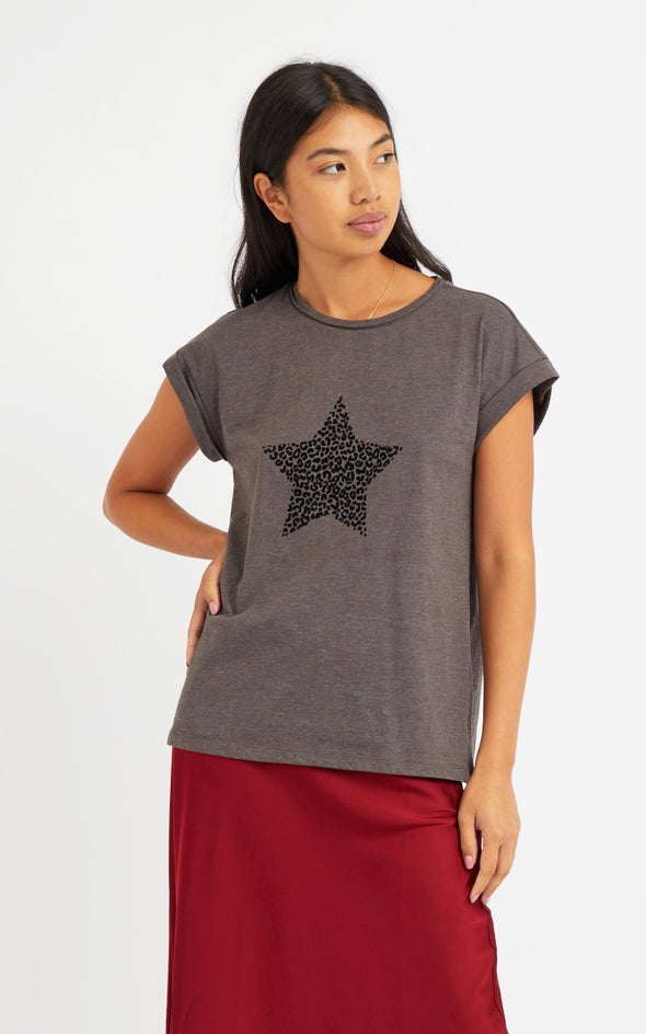 Jersey Leopard Star Print Tee Charcoal Marle