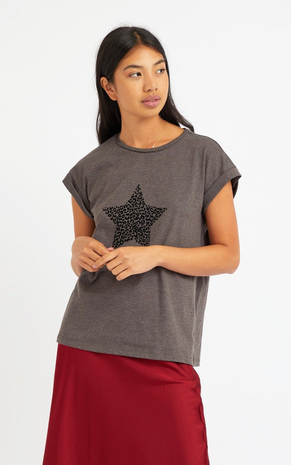 Jersey Leopard Star Print Tee Charcoal Marle