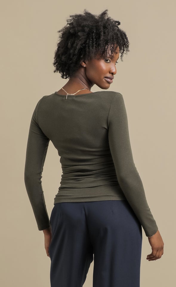 Jersey LS Side Ruched Top Olive