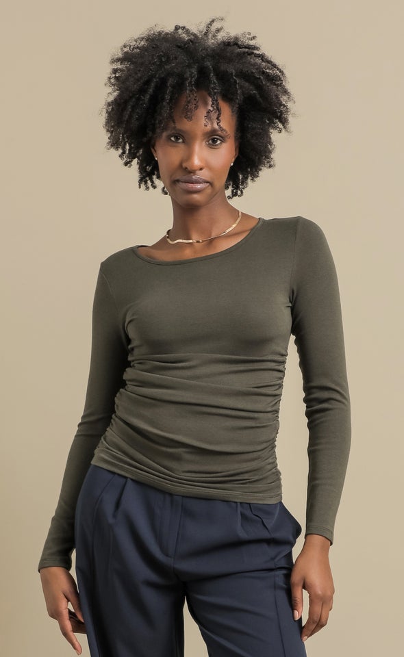 Jersey LS Side Ruched Top Olive