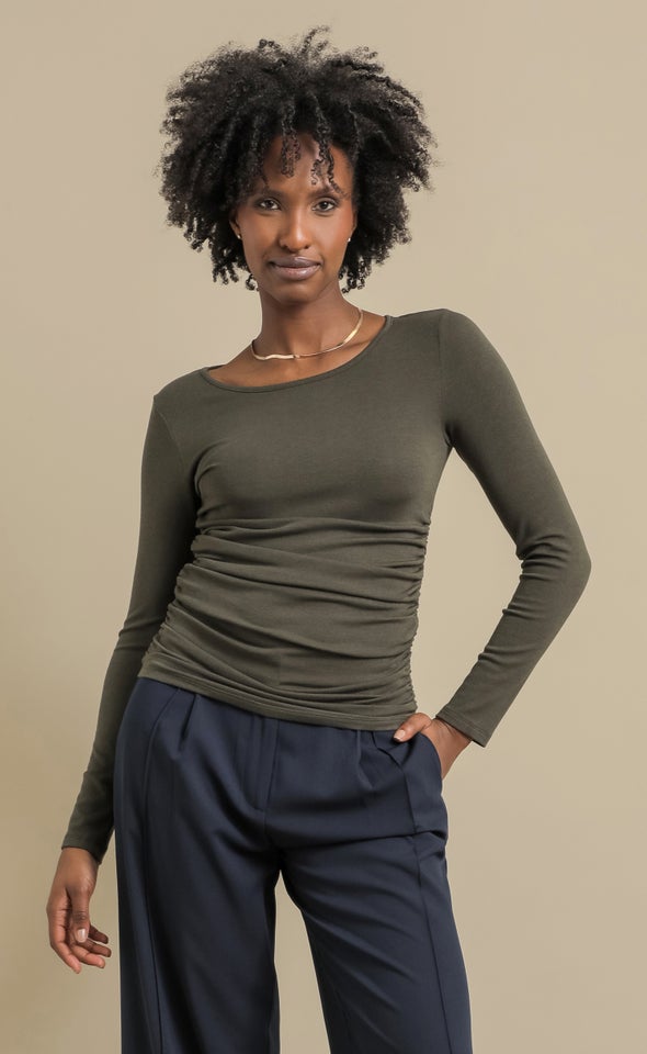 Jersey LS Side Ruched Top Olive