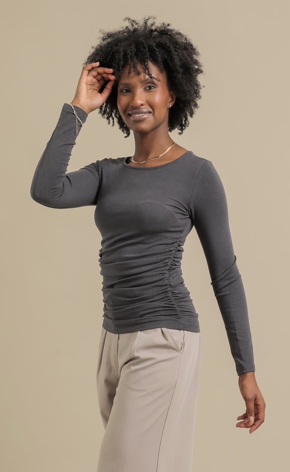 Jersey LS Side Ruched Top Slate