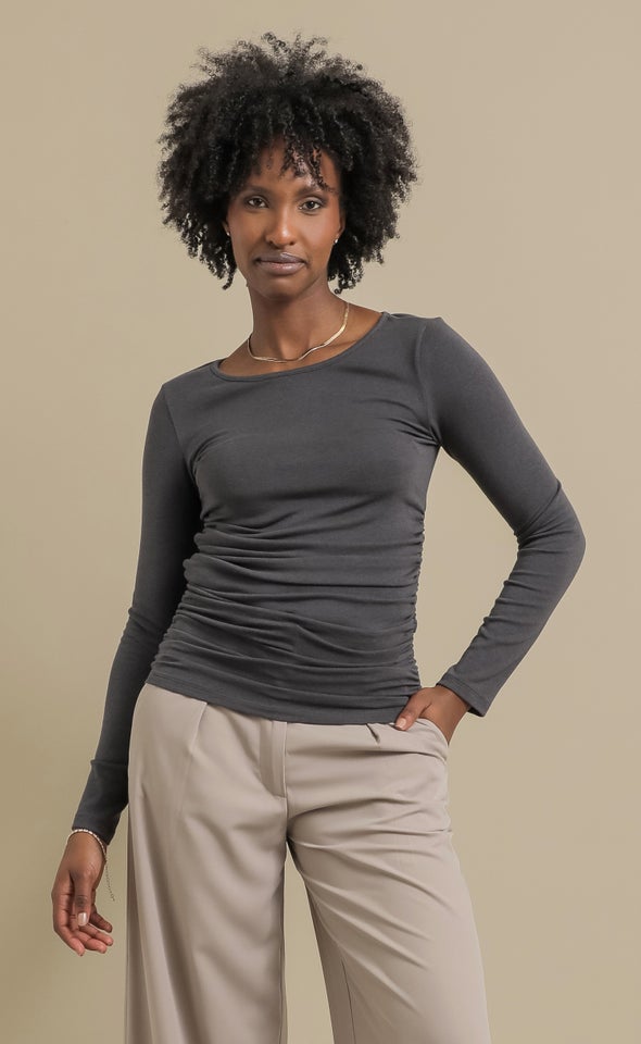 Jersey LS Side Ruched Top Slate
