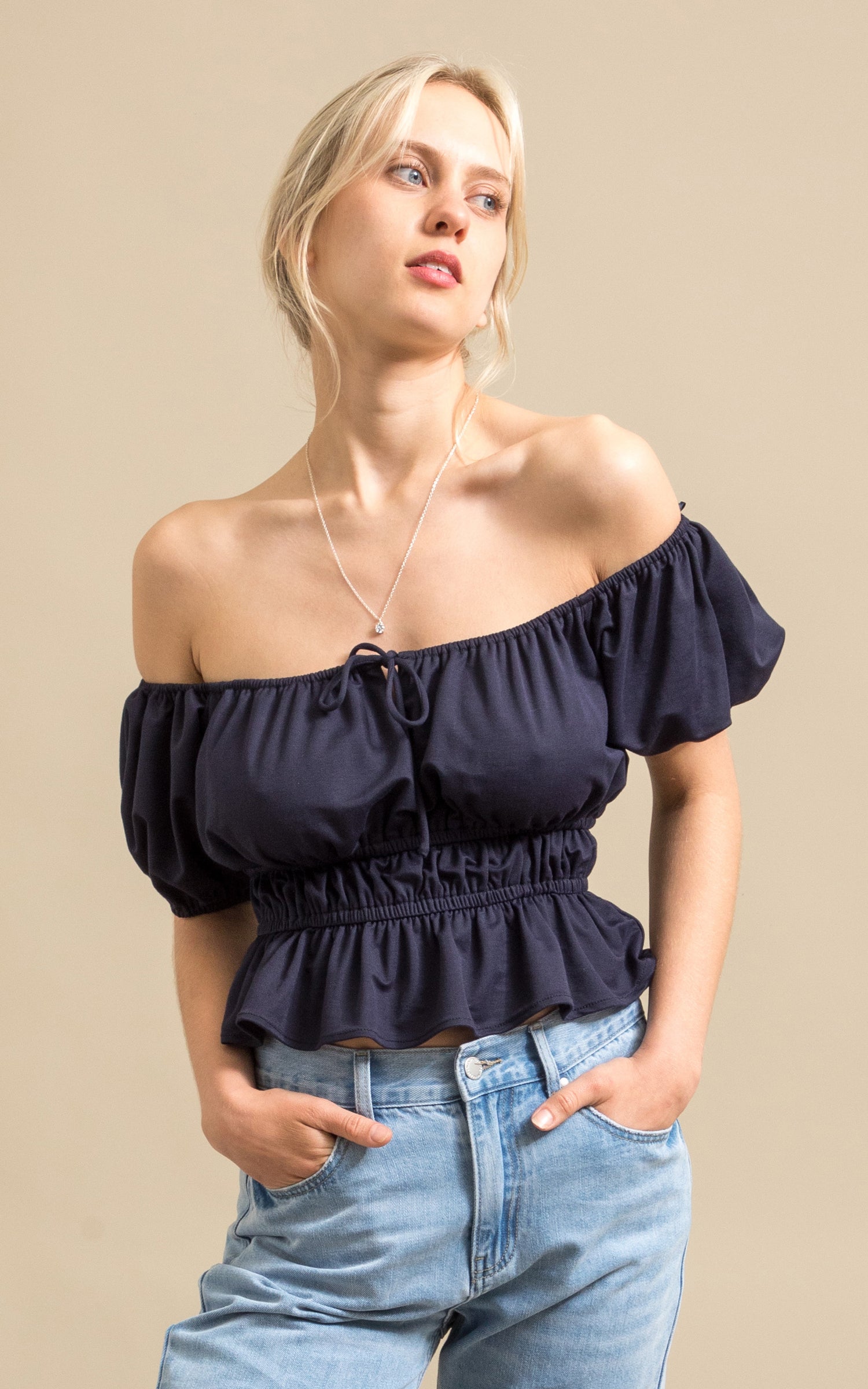 Shop our Velvet Off The Shoulder Top in Navy | Pagani