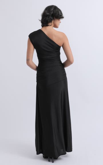 strapless open back dress Akeeva Ruched Asymmetric One-Shoulder Maxi Dress in Black
