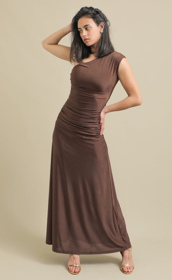 Jersey One Shoulder Maxi Chocolate