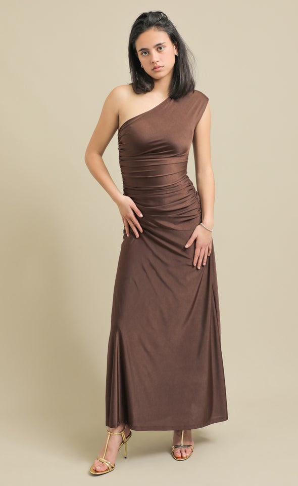 Jersey One Shoulder Maxi Chocolate