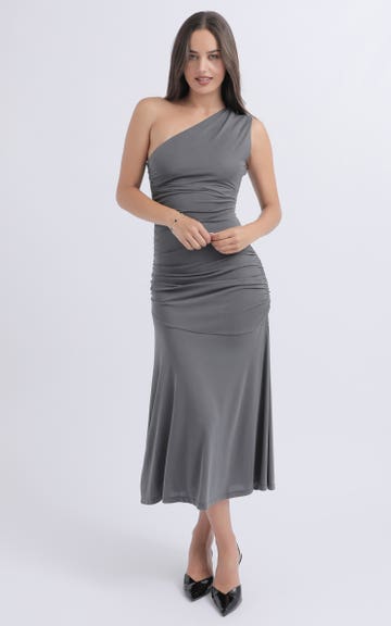 Shop our Jersey One Shoulder Ruched Midi Dress in Charcoal | Pagani