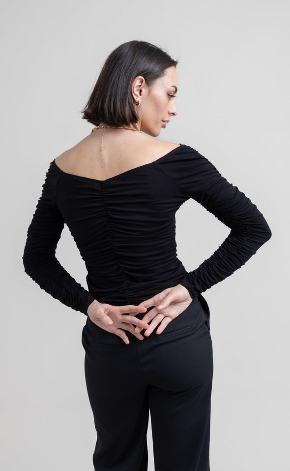 Jersey Ruched Bardot Top Black