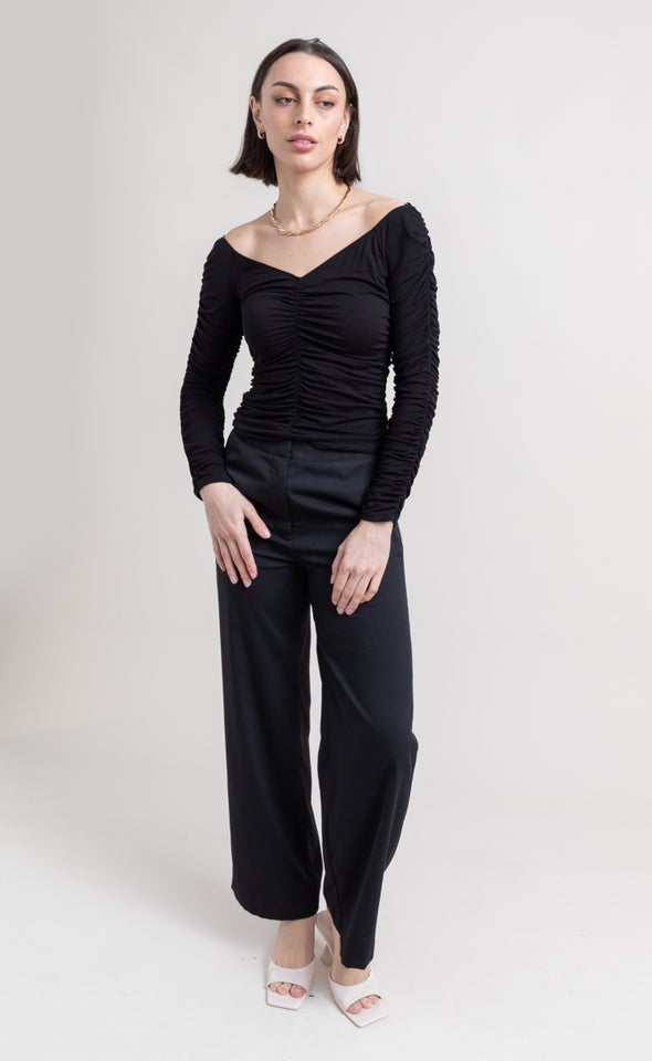 Jersey Ruched Bardot Top Black