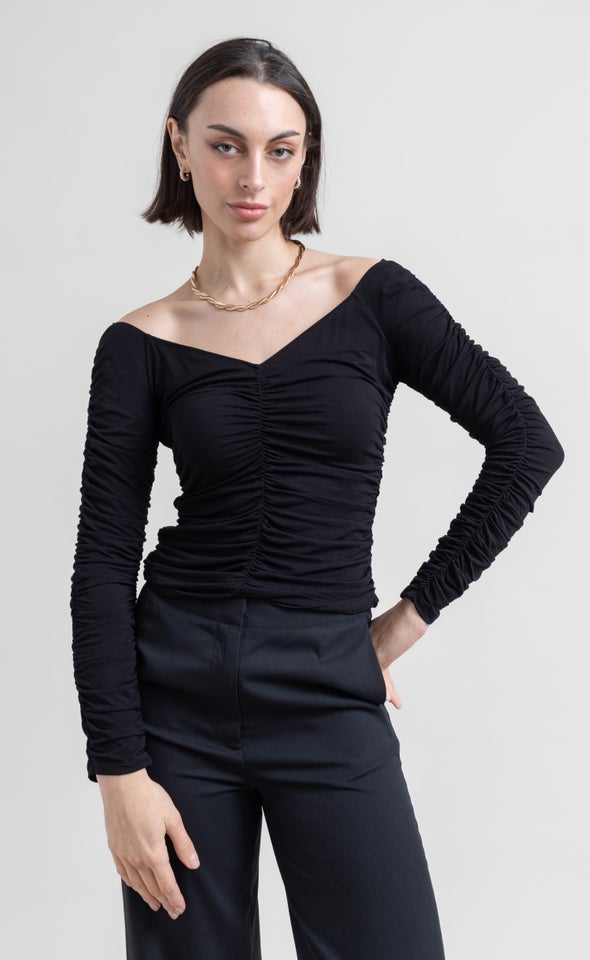 Jersey Ruched Bardot Top Black