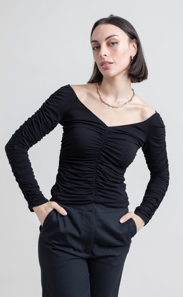 Jersey Ruched Bardot Top Black