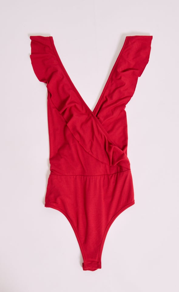 Jersey Ruffle Trim Bodysuit Maroon
