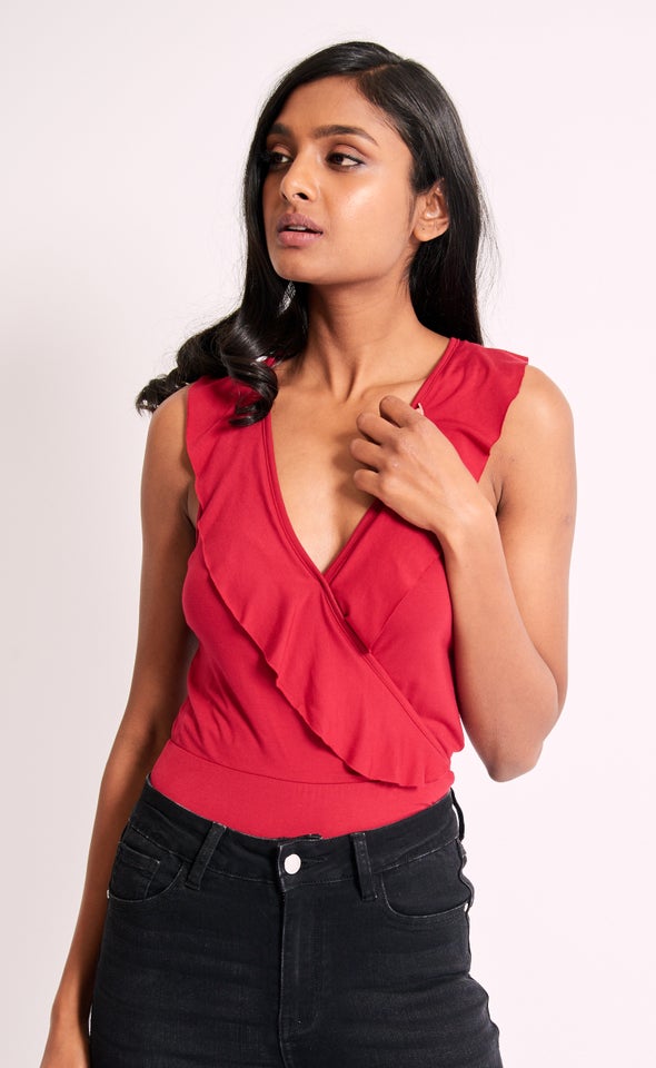 Jersey Ruffle Trim Bodysuit Maroon