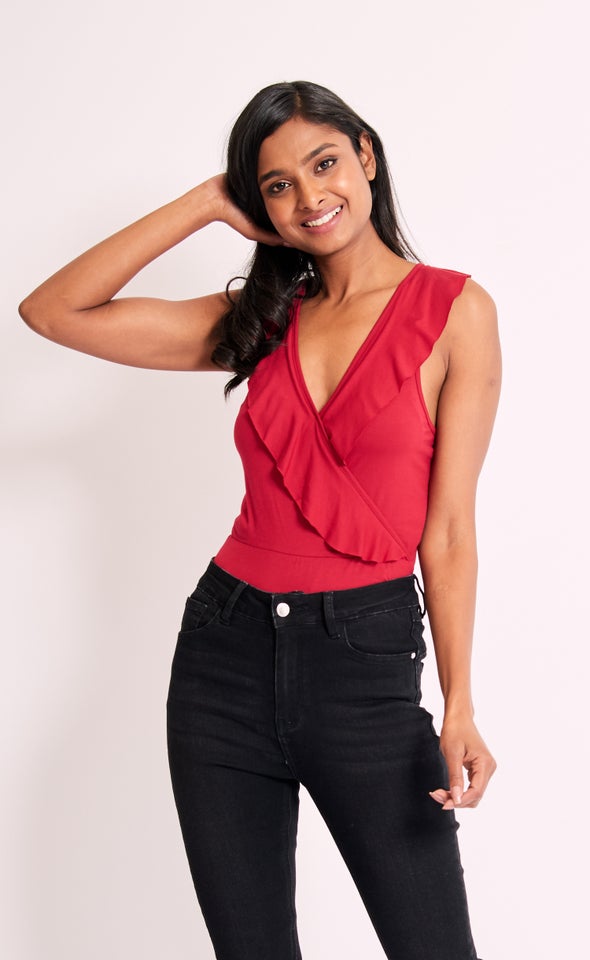 Jersey Ruffle Trim Bodysuit Maroon