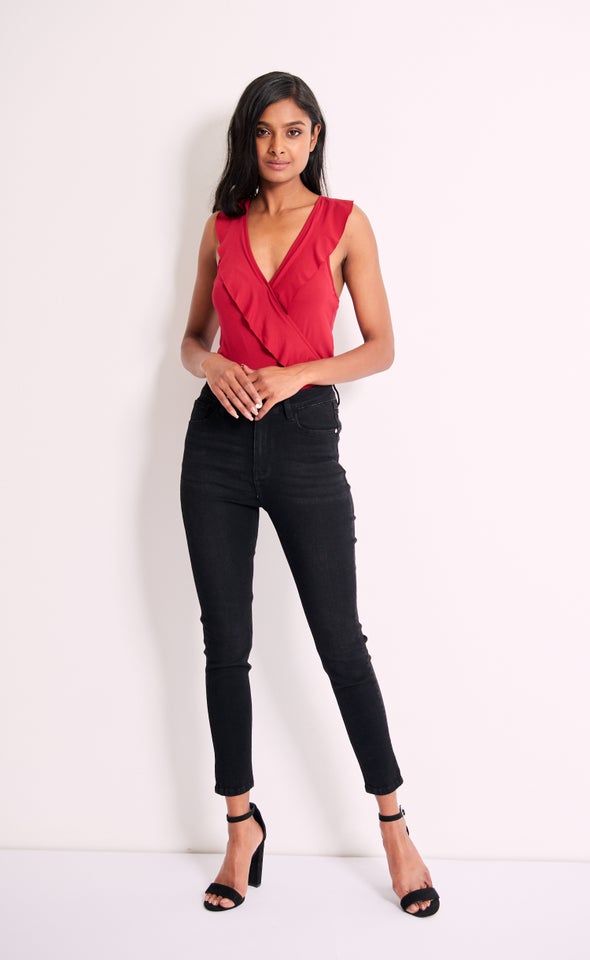 Jersey Ruffle Trim Bodysuit Maroon