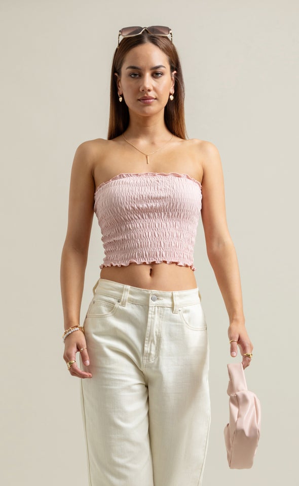 Jersey Shirred Bandeau Top Pink