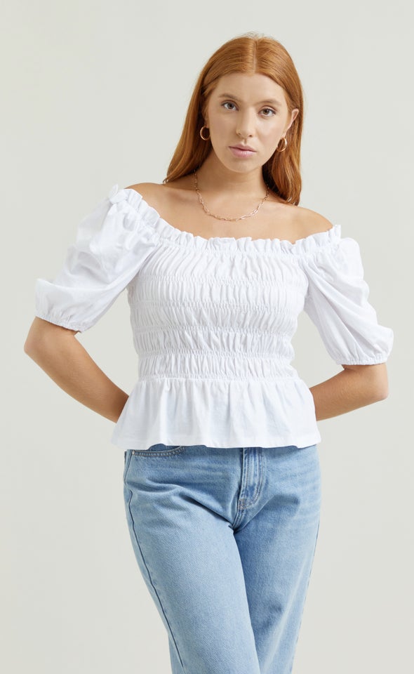 Jersey Shirred Bardot Top White