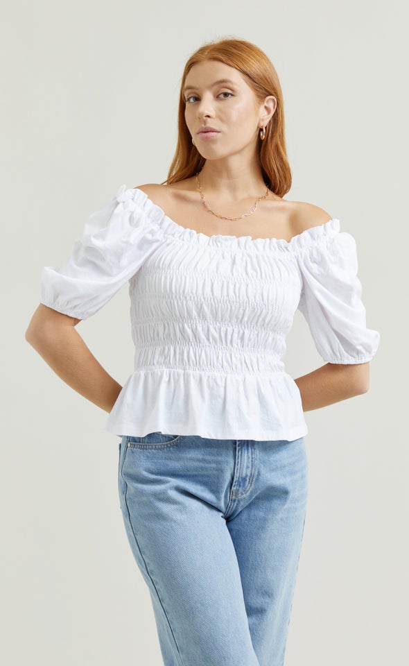 Jersey Shirred Bardot Top White