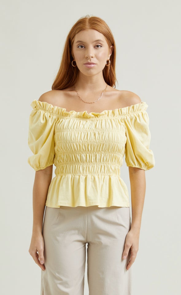 Jersey Shirred Bardot Top Yellow