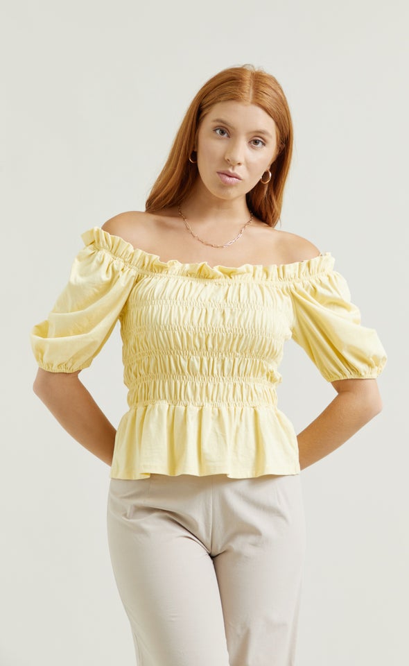 Jersey Shirred Bardot Top Yellow