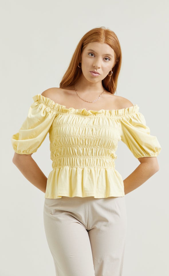 Jersey Shirred Bardot Top Yellow