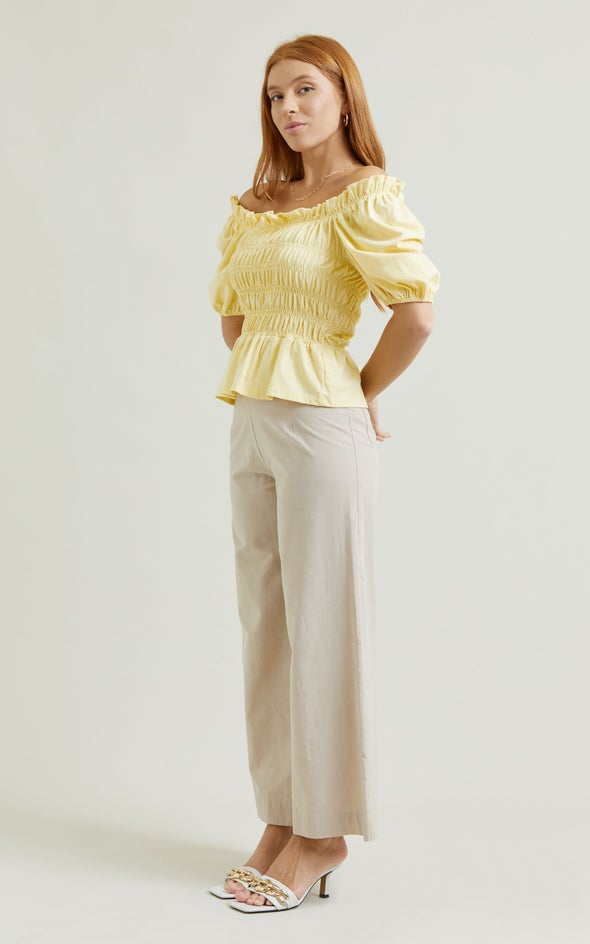 Jersey Shirred Bardot Top Yellow