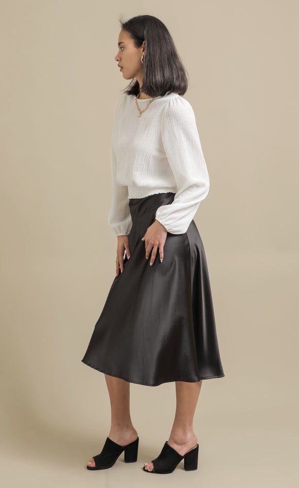 Jersey Shirred Hem LS Top White