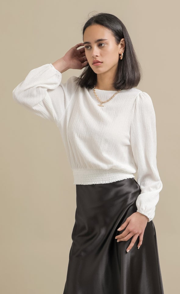 Jersey Shirred Hem LS Top White