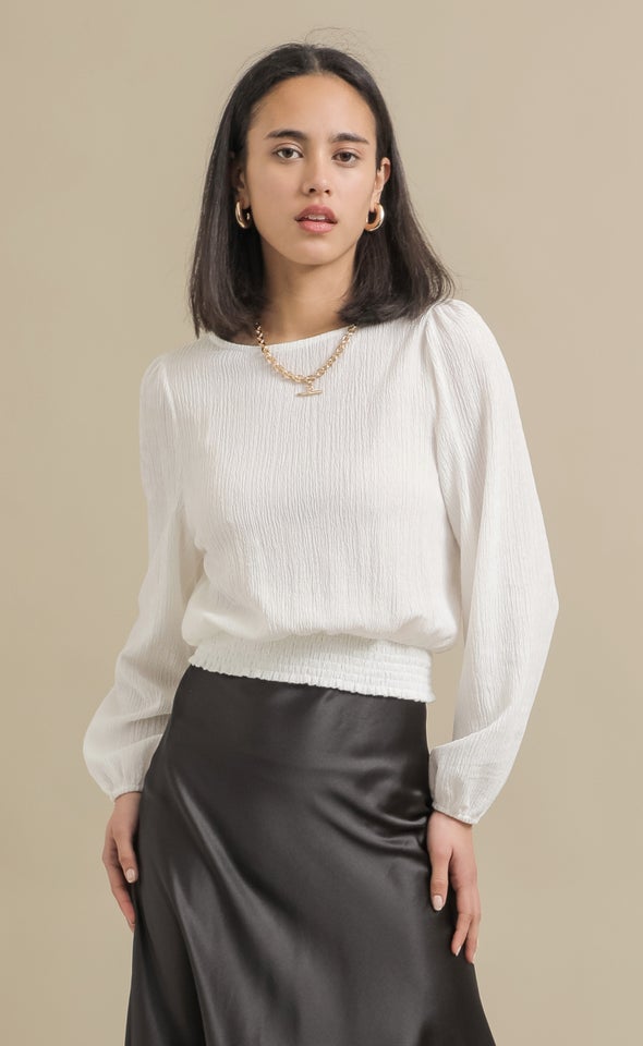 Jersey Shirred Hem LS Top White