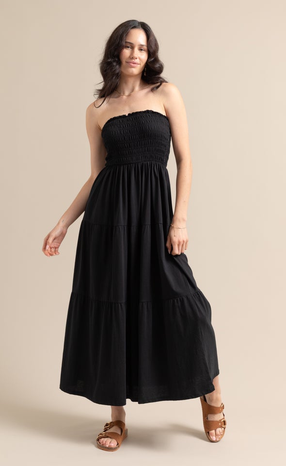 Jersey Shirred Midi Dress Black