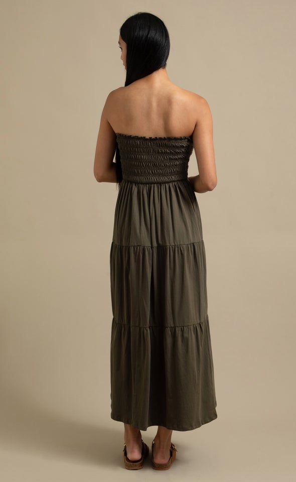Jersey Shirred Midi Dress Khaki