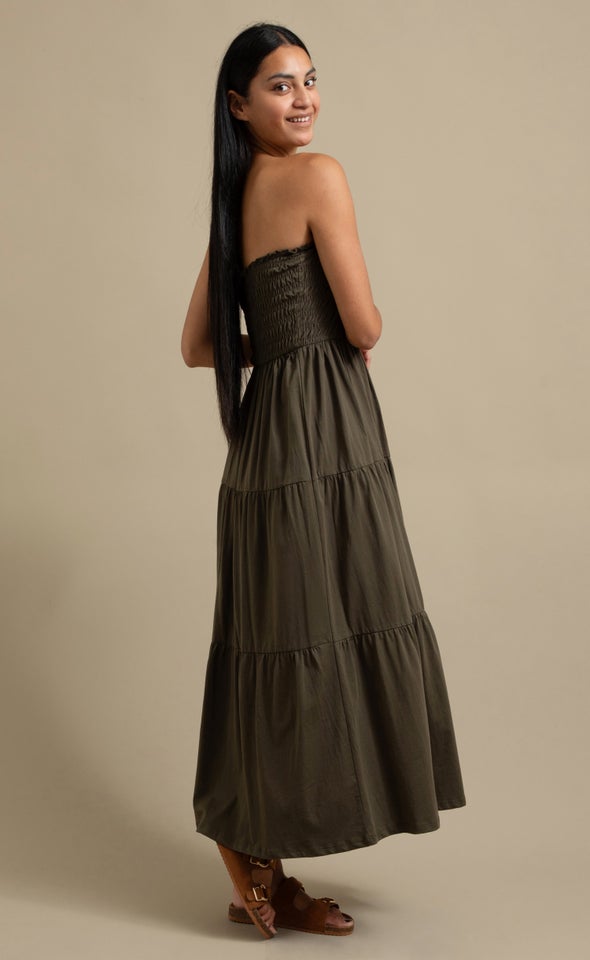 Jersey Shirred Midi Dress Khaki