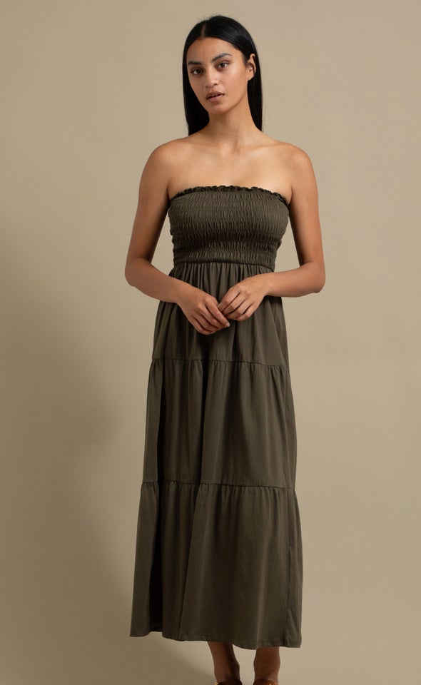 Jersey Shirred Midi Dress Khaki