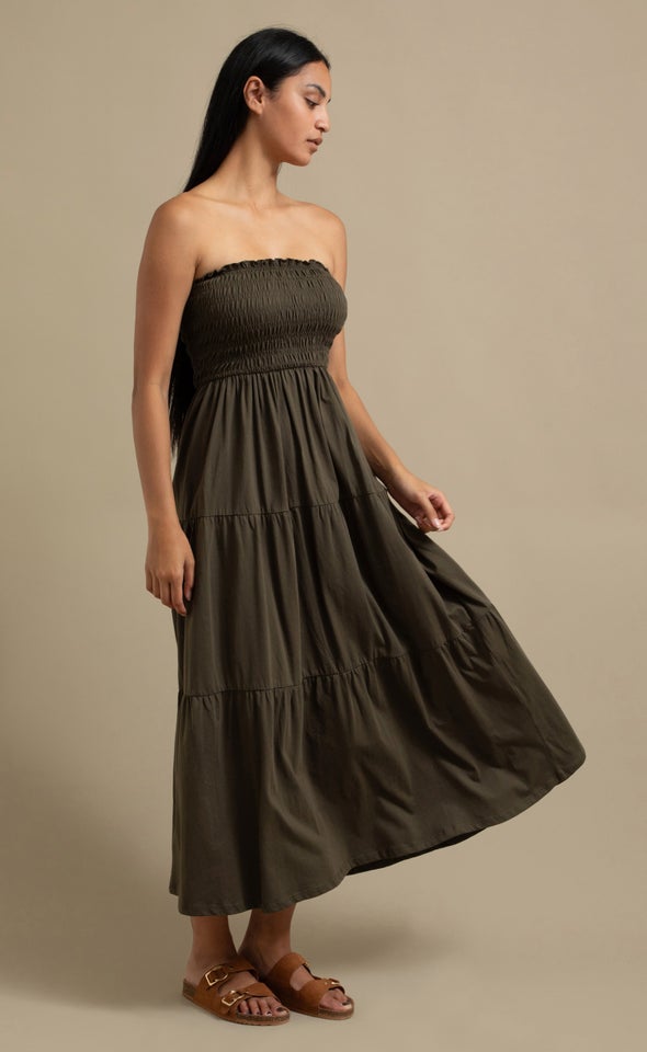 Jersey Shirred Midi Dress Khaki