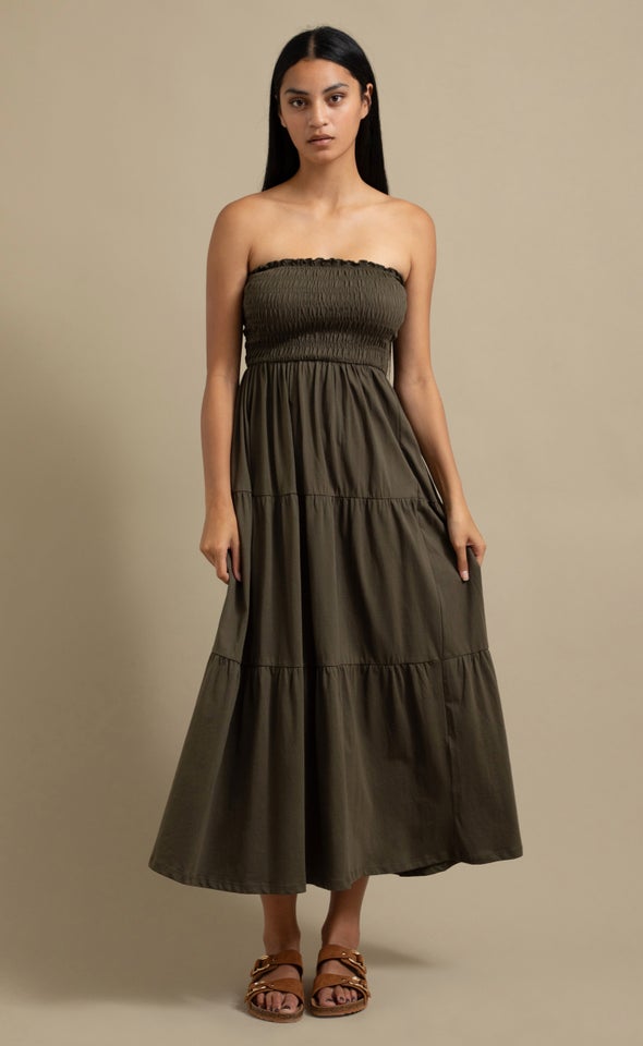 Jersey Shirred Midi Dress Khaki