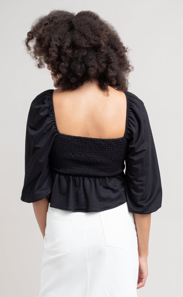 Jersey Shirred Peplum Top Black