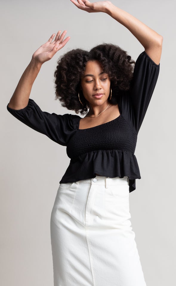 Jersey Shirred Peplum Top Black