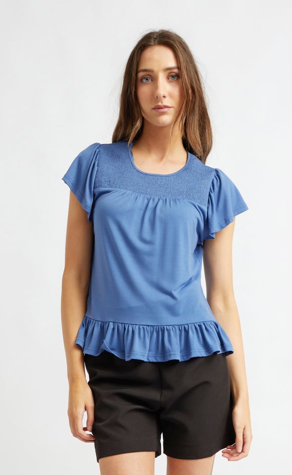 Jersey Shirred Peplum Top Blue