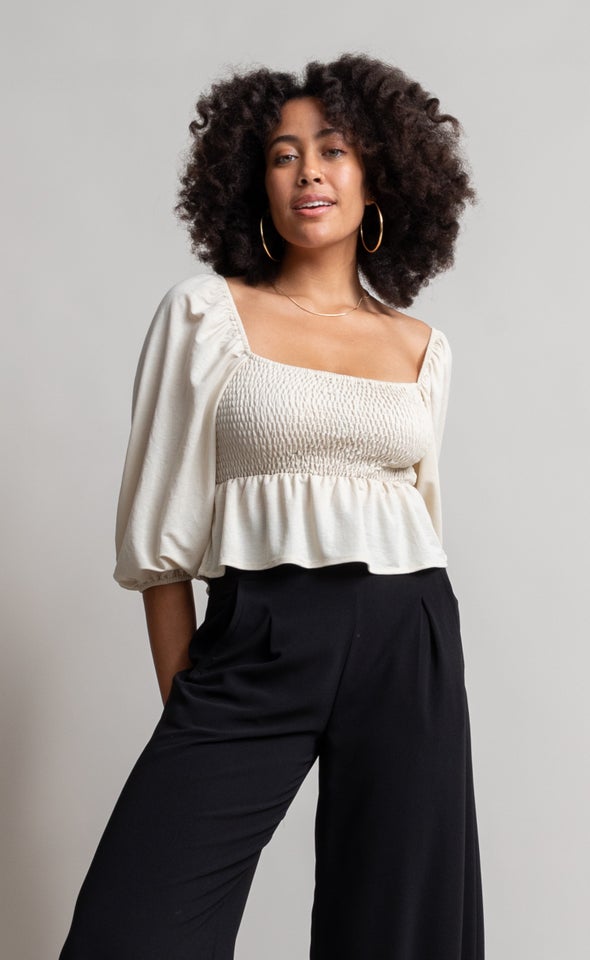 Jersey Shirred Peplum Top Sand