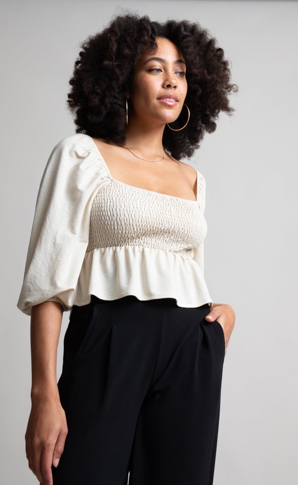 Jersey Shirred Peplum Top Sand