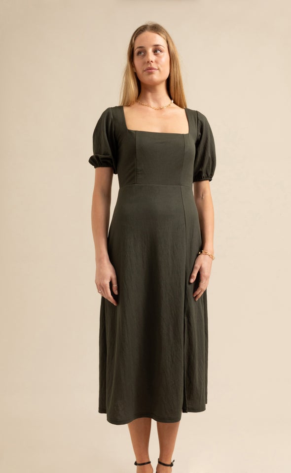 Jersey Square Neck Midi Dress Khaki