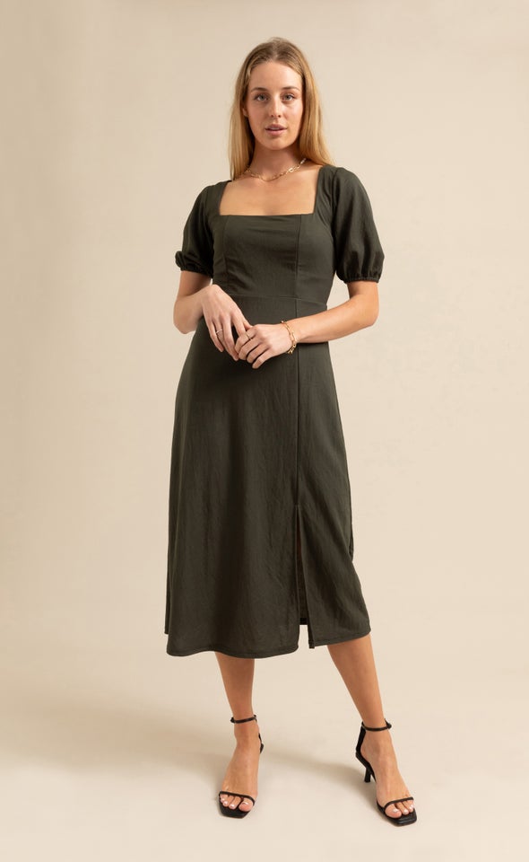 Jersey Square Neck Midi Dress Khaki