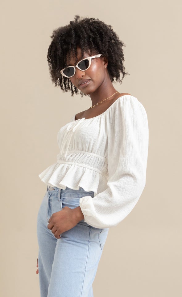 Jersey Square Neck Shirred Top White