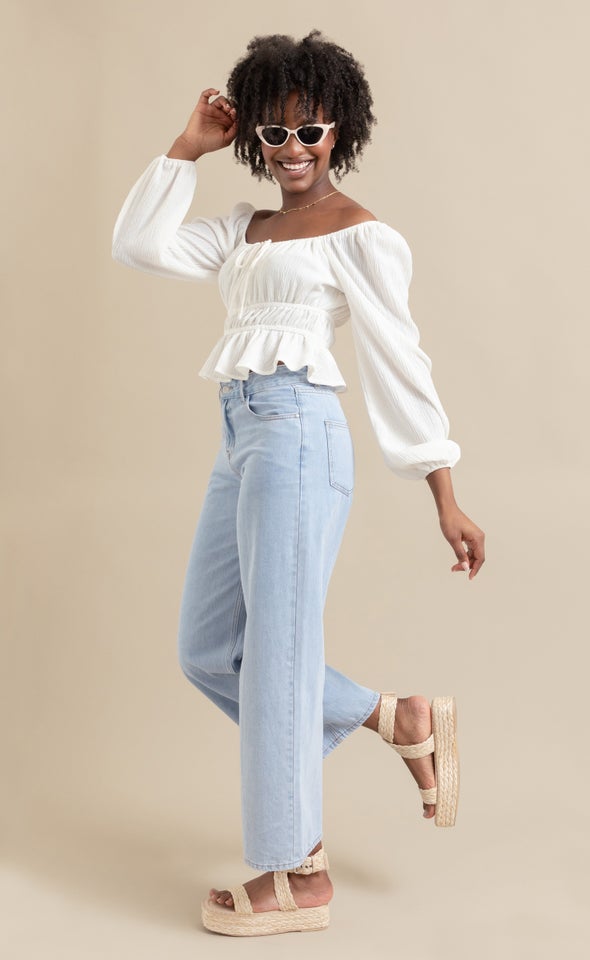 Jersey Square Neck Shirred Top White