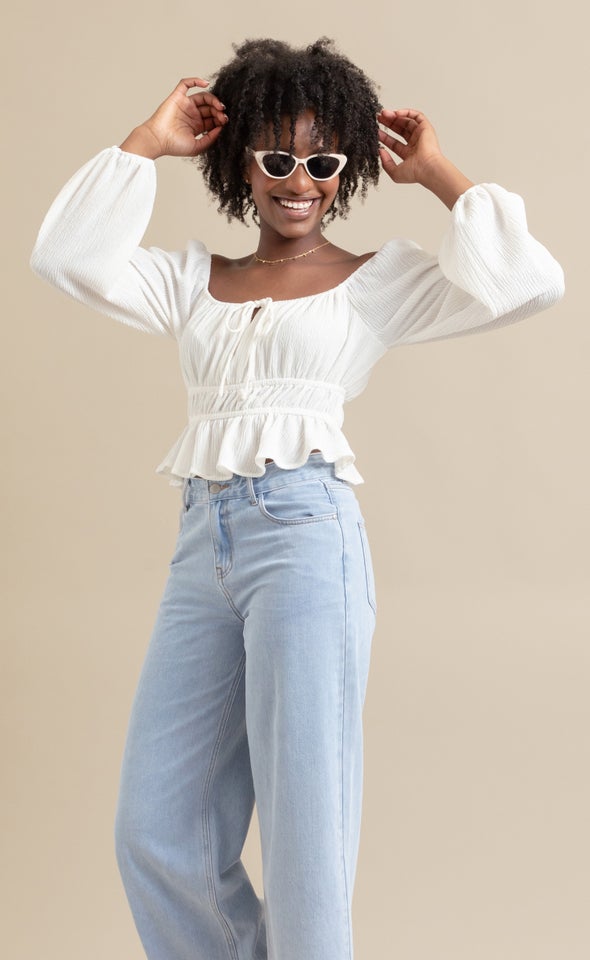 Jersey Square Neck Shirred Top White
