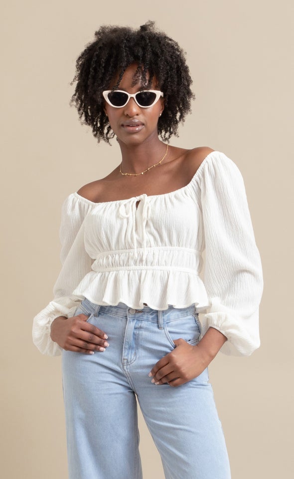 Jersey Square Neck Shirred Top White