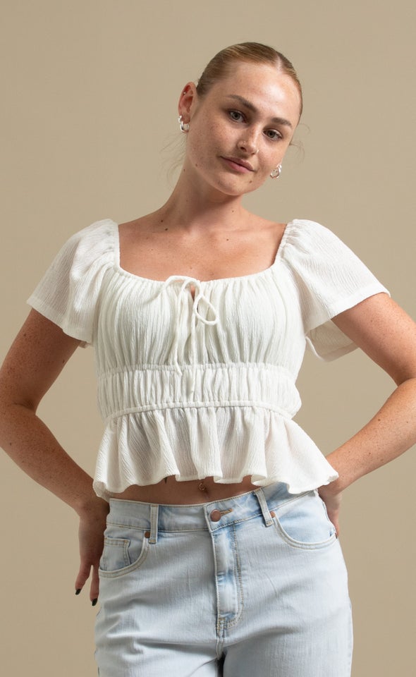 Jersey SS Shirred Top White