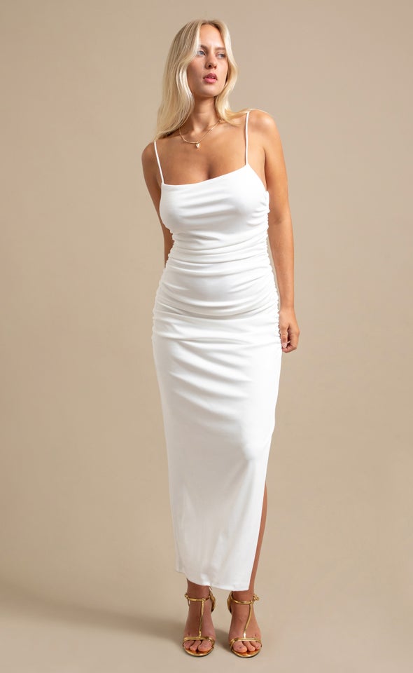 Jersey Strappy Ruched Slip Maxi Cream